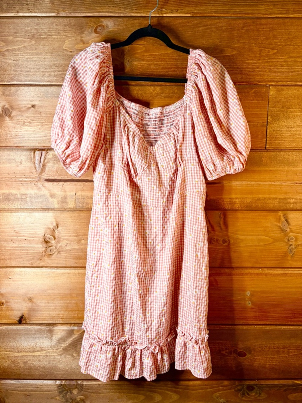 Dusty Rose Pink Gingham Daisy Print Smocked Puff-Sleeve Mini Dress 1XL
